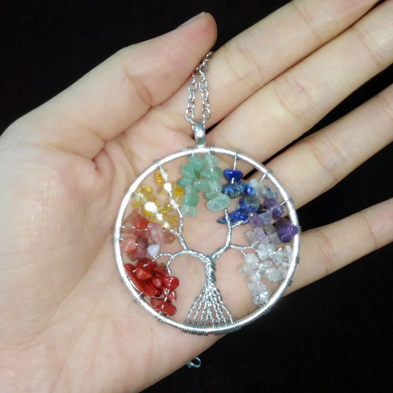 Tree of Life Crystal Stone Pendant Seven Chakra Necklace