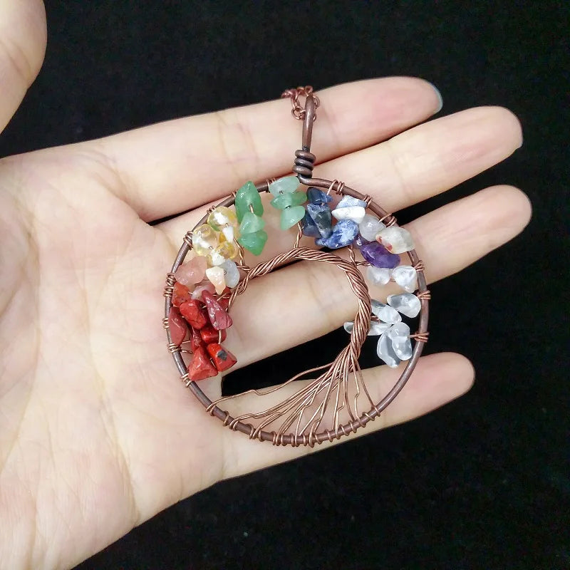 Tree of Life Crystal Stone Pendant Seven Chakra Necklace