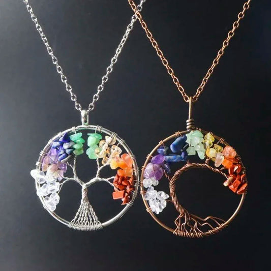 Tree of Life Crystal Stone Pendant Seven Chakra Necklace