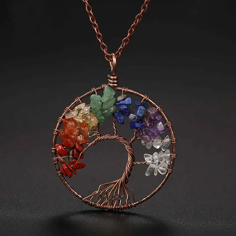 Tree of Life Crystal Stone Pendant Seven Chakra Necklace